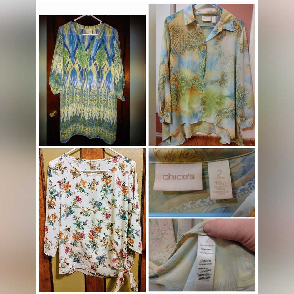 🦋🍀 3 Chico’s: 2P (14/16P) Spring Blouse Bundle, Butterfly, Geometric & Paisley